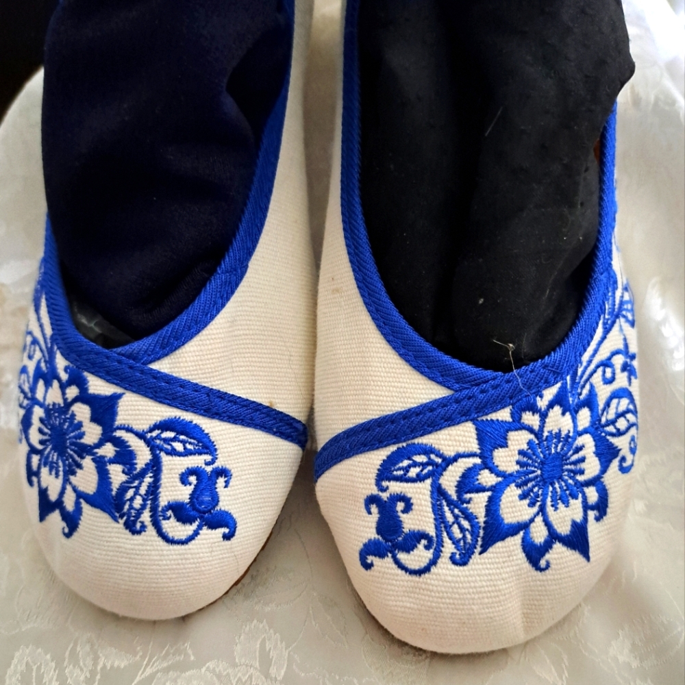 Elegant Blue Floral Embroidered Women's Ballet/Yoga Shoes